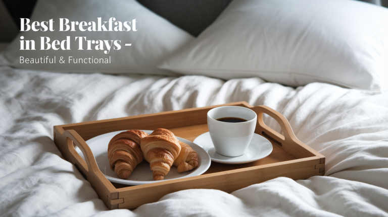 Bamboo breakfast tray with croissants and coffee on white linens