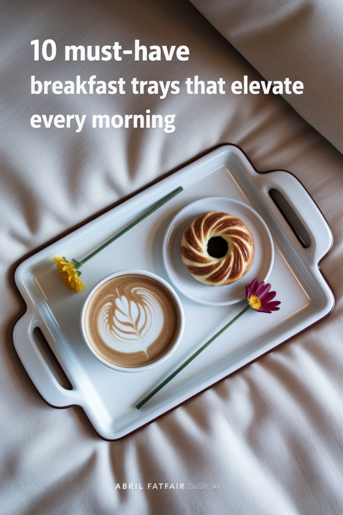 White ceramic tray with latte and pastry on elegant neutral bedding