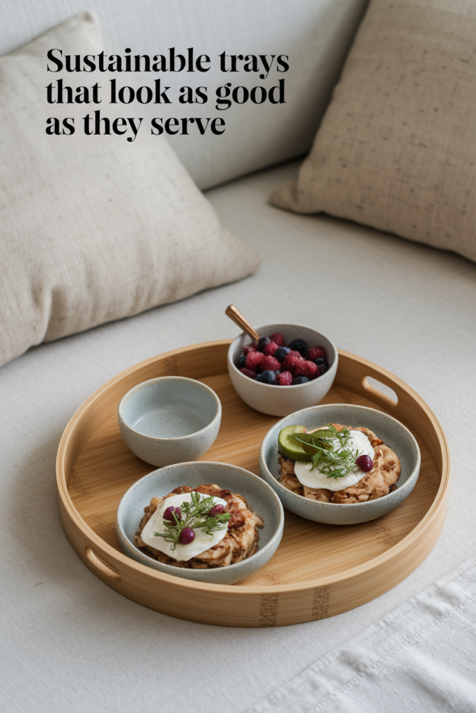 Eco-friendly bamboo tray with plant-based breakfast and ceramic dishes