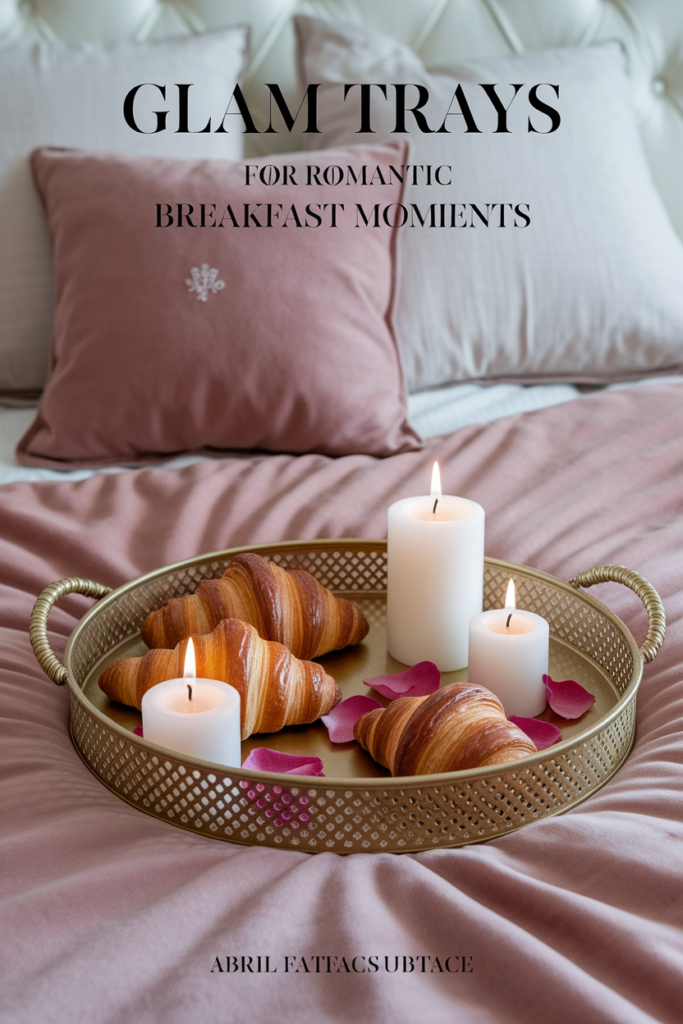 Gold tray with pastries and romantic touches on velvet bed