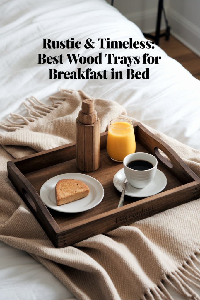 Hand-carved wooden tray with vintage breakfast on cozy throw