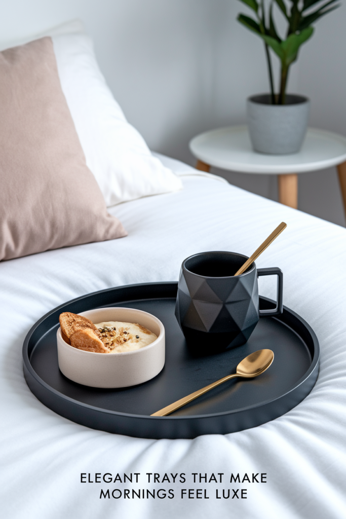 Minimal black tray with gold spoon and coffee on modern bedding