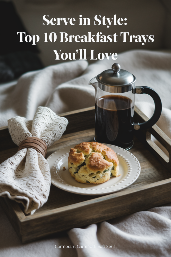Bamboo breakfast tray with croissants and coffee on white linens