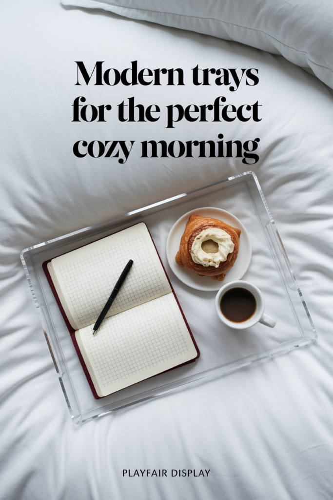 Acrylic tray with espresso and journal on minimalist bedding