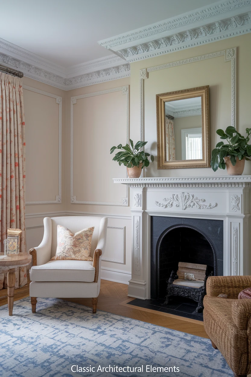 Room with crown molding and wainscoting.