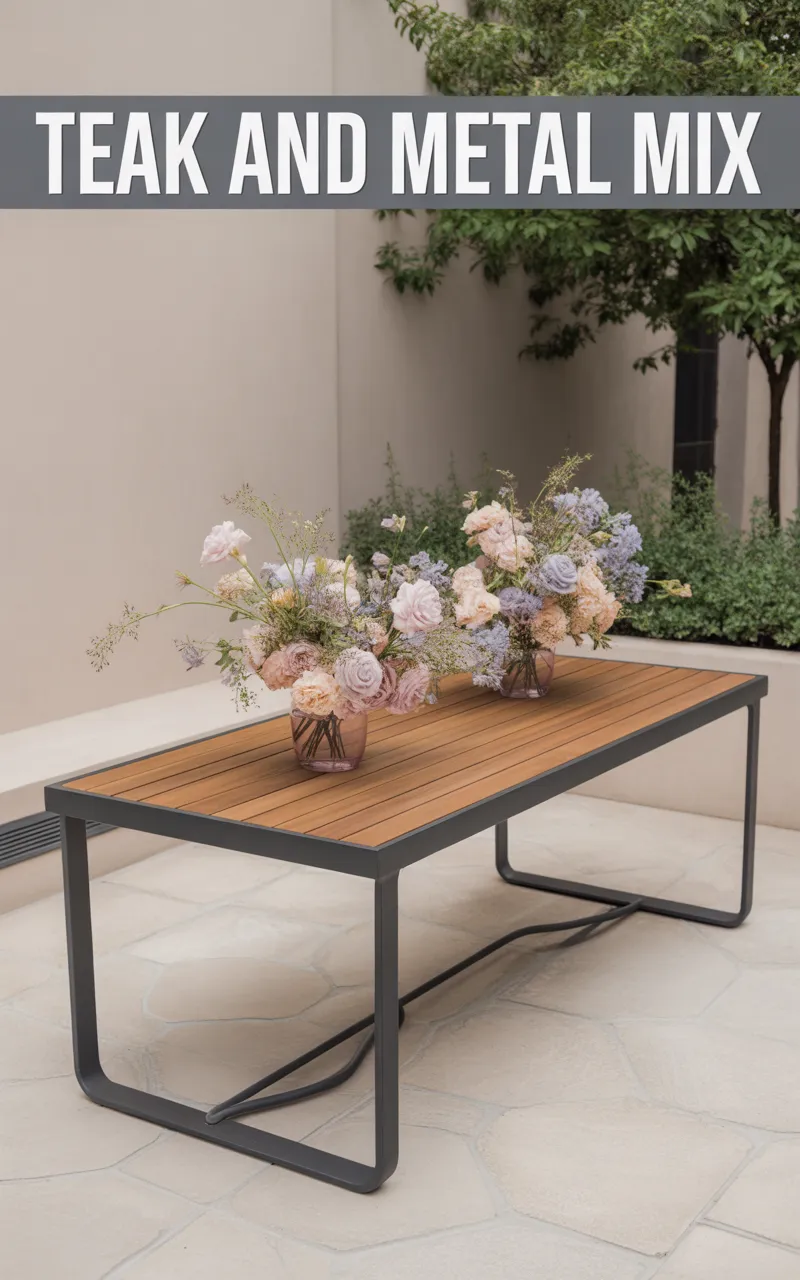 weather resistant wood, teak vs metal outdoor furniture, best outdoor coffee table material, luxury teak patio table, modern metal coffee table