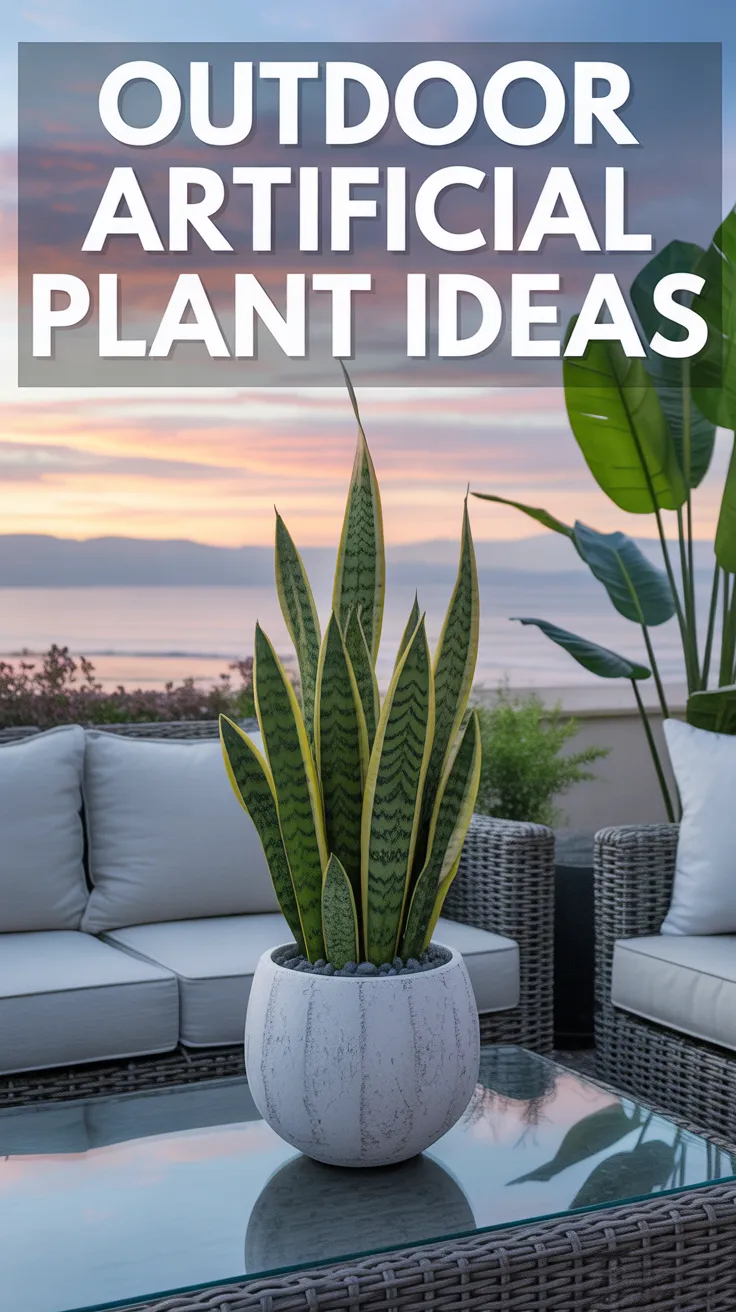 fake plants that won't fade, fake snake plant UV protected, artificial morning glories outdoor, UV resistant outdoor artificial plants, patio table greenery