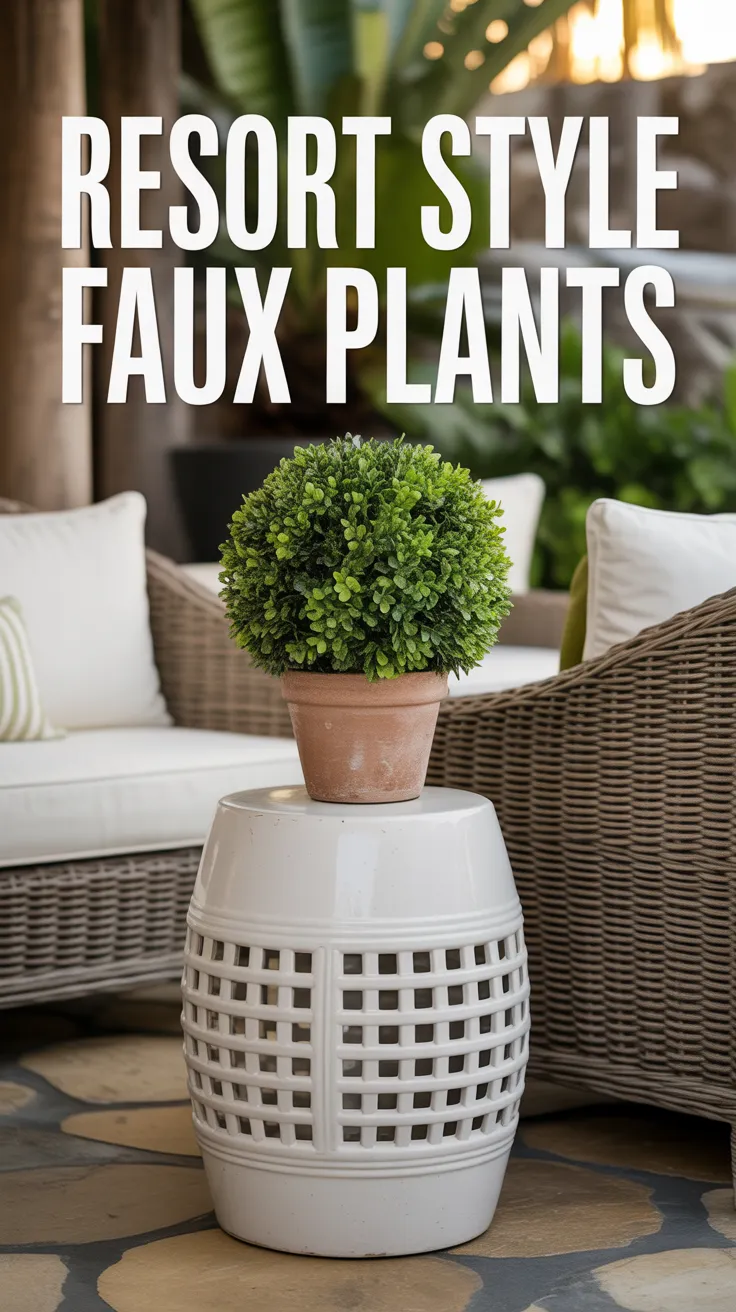 UV resistant outdoor artificial plants, fake plants that won't fade, inherent UV artificial plants, patio table greenery, best faux outdoor plants