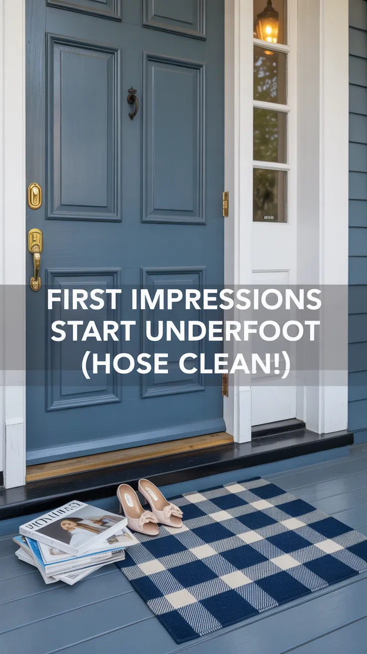 washable rugs, navy rug, patio inspiration, outdoor living space, plaid rug